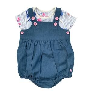 Joules Linney Blue Chambray Floral Print Overall Romper Bodysuit Outfit 3 Months